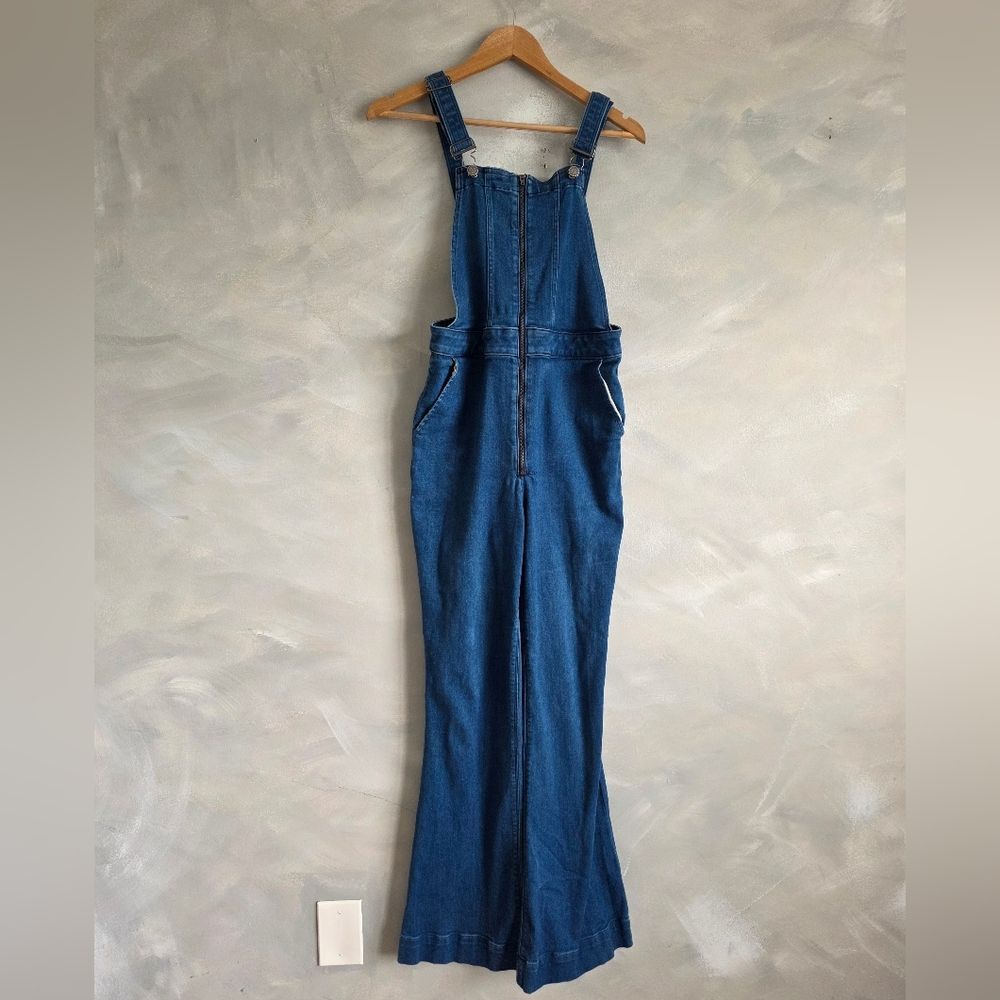 Express Denim Zip Front Flare Bootcut Jumpsuit Overalls Dark Was Sz 8R
